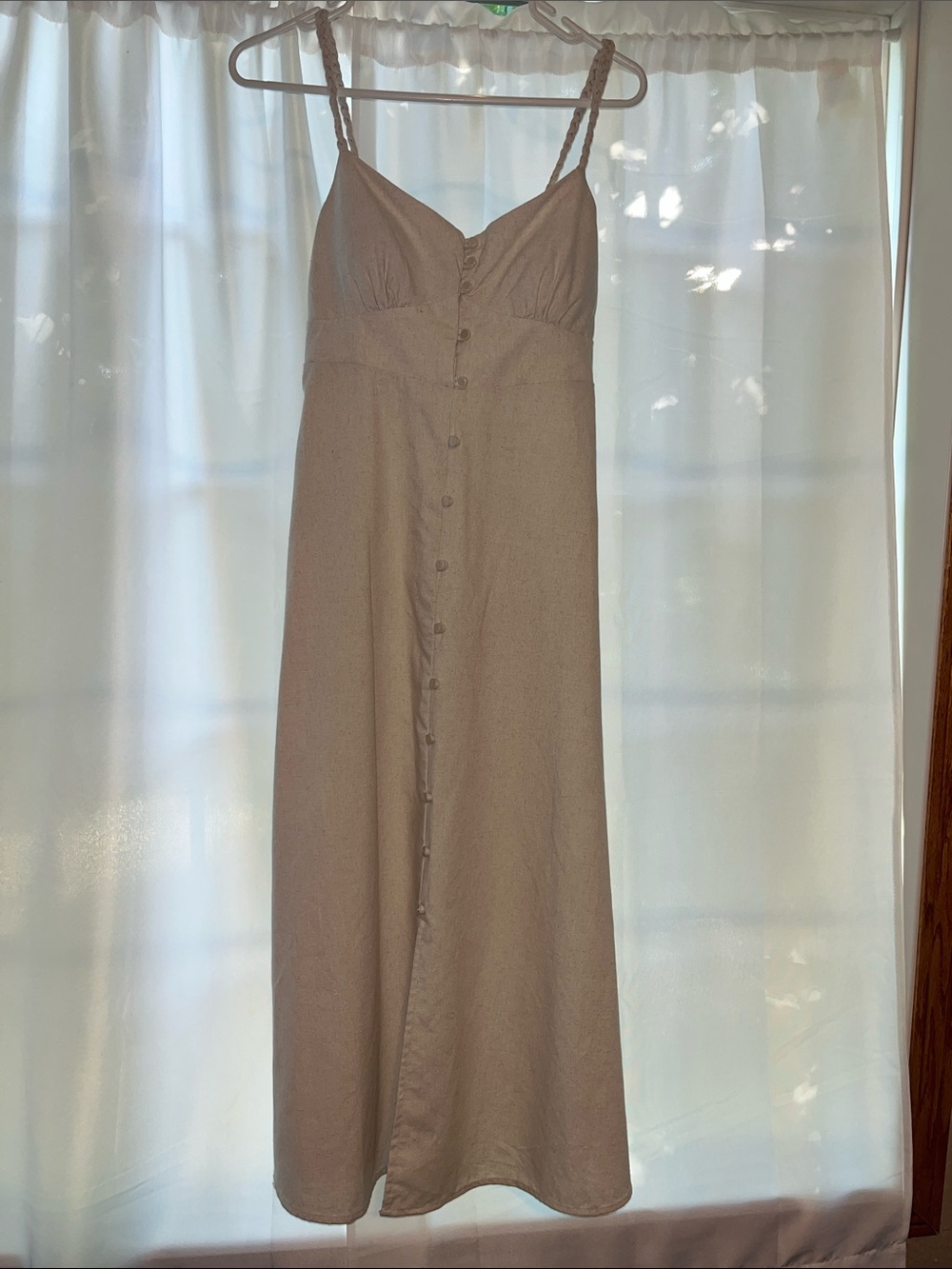 Women’s Neutral Taupe Button-Front Maxi Dress with Twisted Straps
